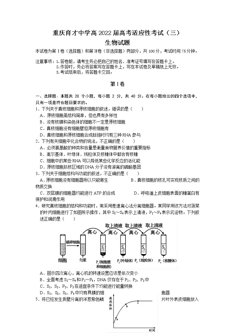 2022届重庆市育才中学高三上学期高考适应性考试（三）生物试题（word版含有答案）第1页