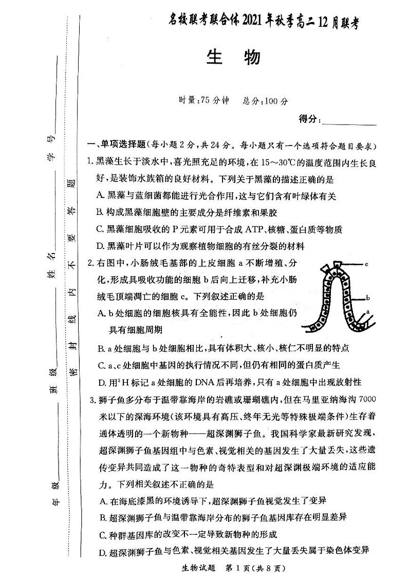 湖南省名校联考联合体2021-2022学年高二上学期12月大联考生物试题扫描版含解析01
