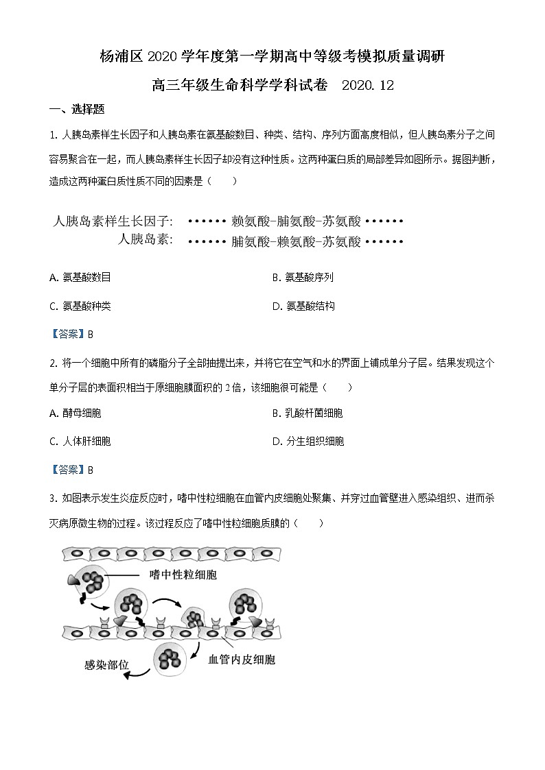 2021年上海市杨浦高三一模生物试卷及答案第1页