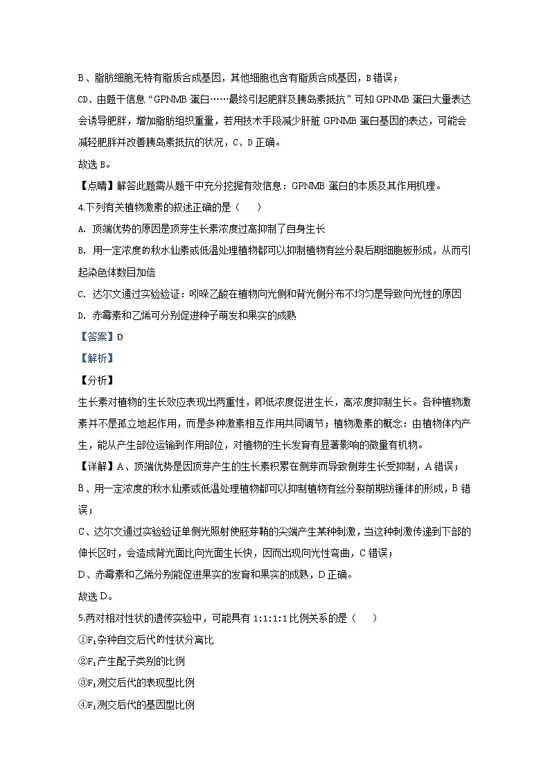 宁夏银川市景博学校2020届高三第一次模拟考试生物试题 Word版含解析03