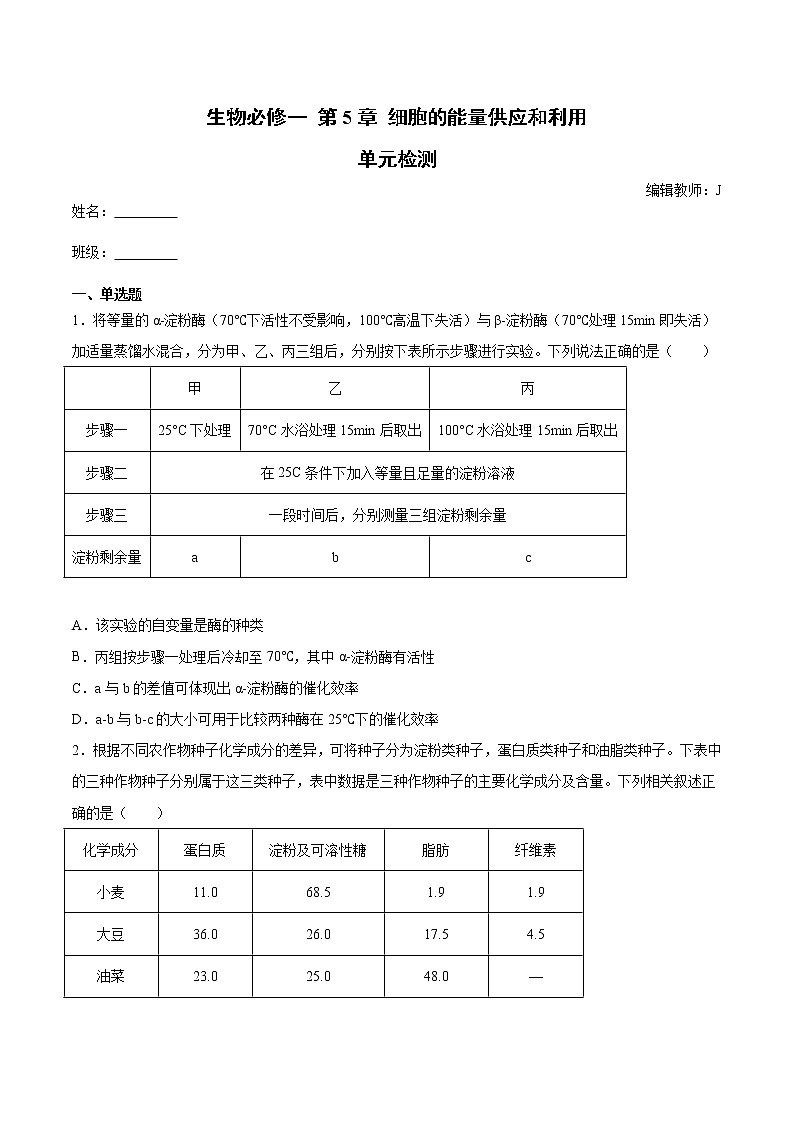 人教版（2019）高中生物必修一第5章 细胞的能量供应和利用 单元检测（含答案）第1页