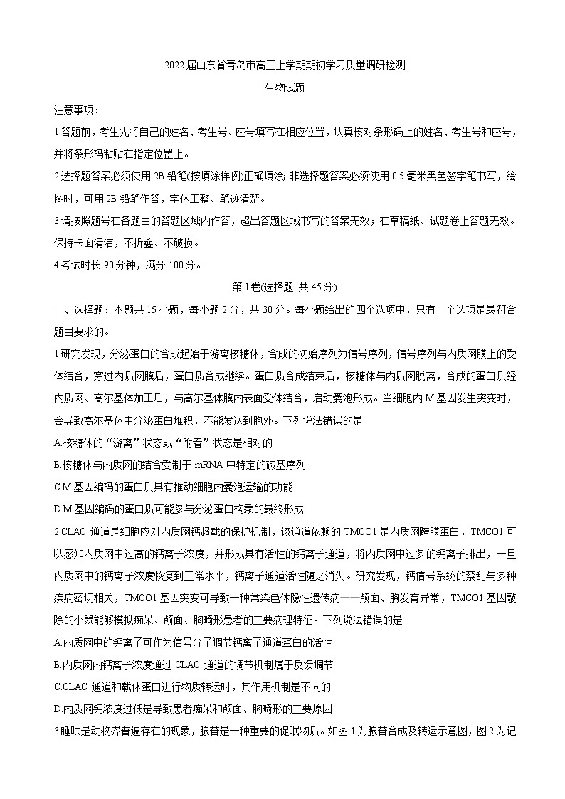 2022届山东省青岛市高三上学期期初学习质量调研检测 生物（word版含有答案）01