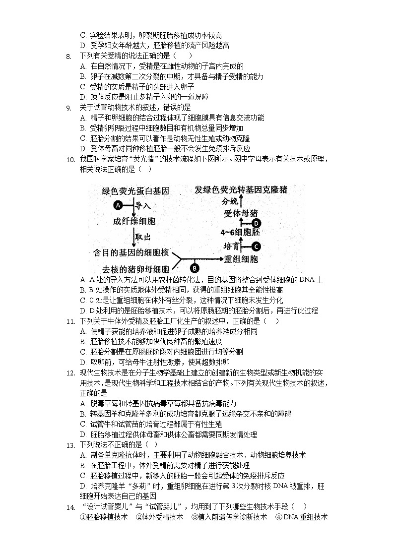 高中生物人教版选修3 专题3 胚胎工程 练习（含解析）02