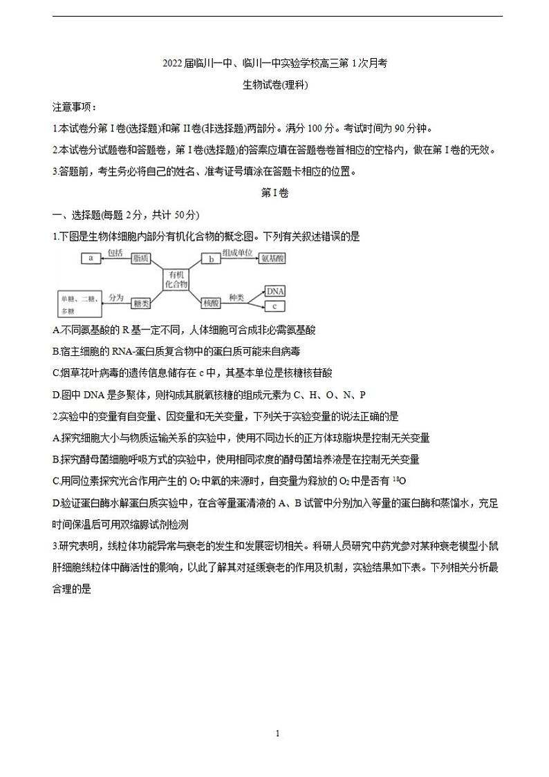 2022届江西省抚州市临川一中、临川一中实验学校高三上学期第一次月考 生物（含答案）练习题第1页