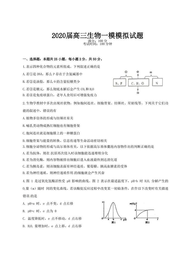 乌鲁木齐2020届高三生物一模模拟试题01