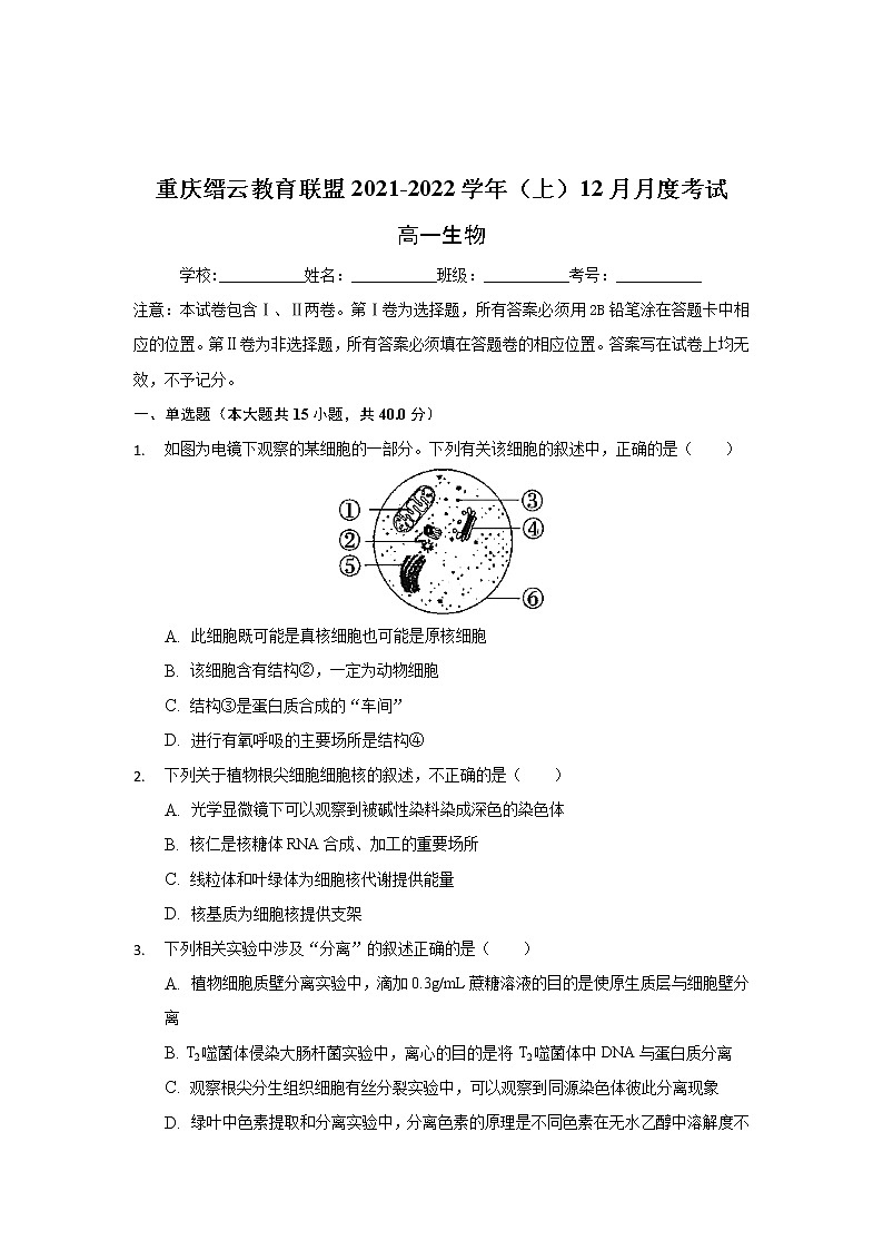 重庆市缙云教育联盟2021-2022学年高一上学期12月月考生物试题含解析01