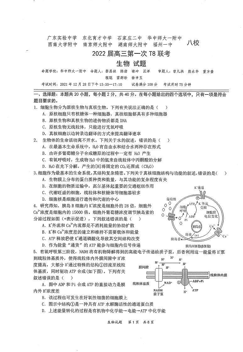2022届八省八校（T8联考）生物试题及答案第1页