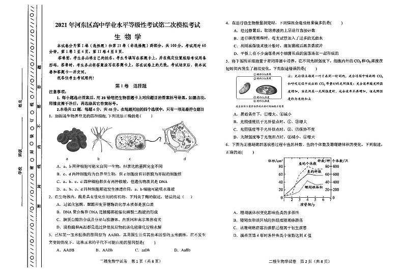 天津市河东区2021届高三下学期5月第二次模拟测试生物试题 扫描版含答案01