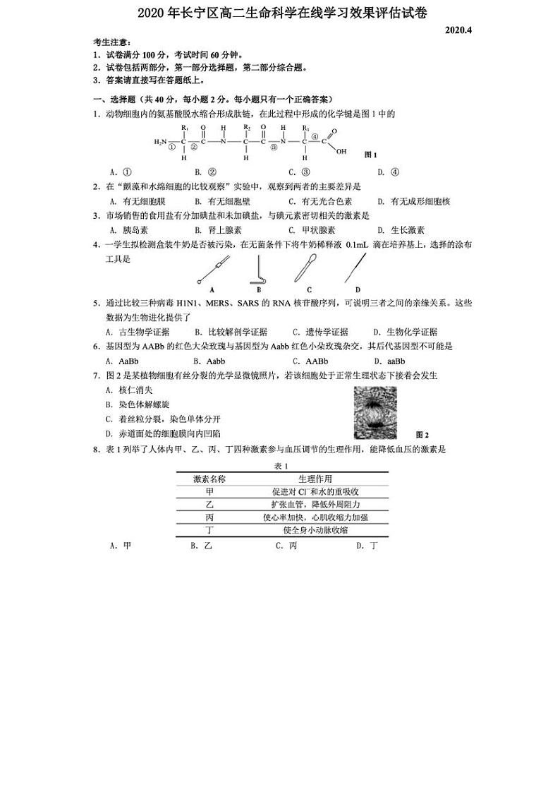 2020年上海市长宁区高三二模生物试卷及答案01