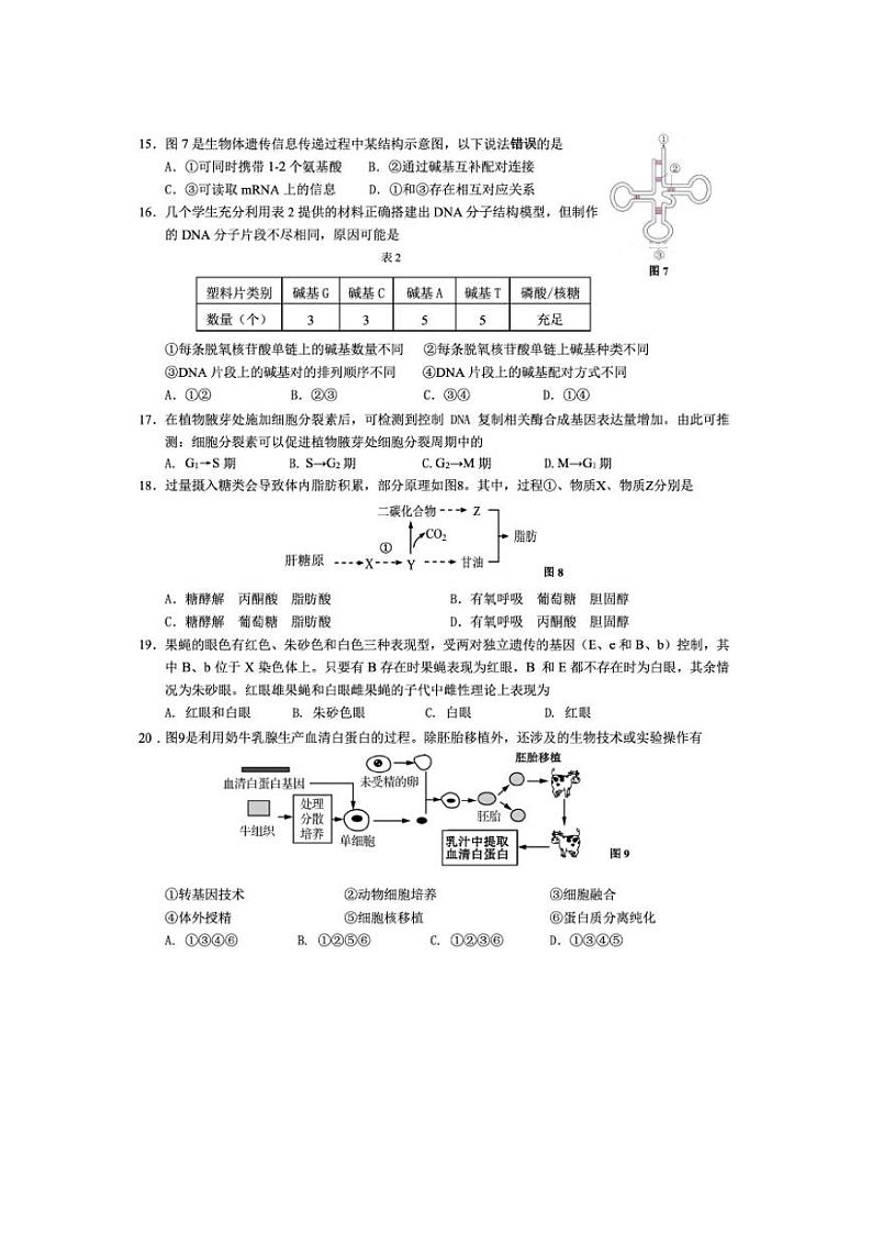 2020年上海市长宁区高三二模生物试卷及答案03