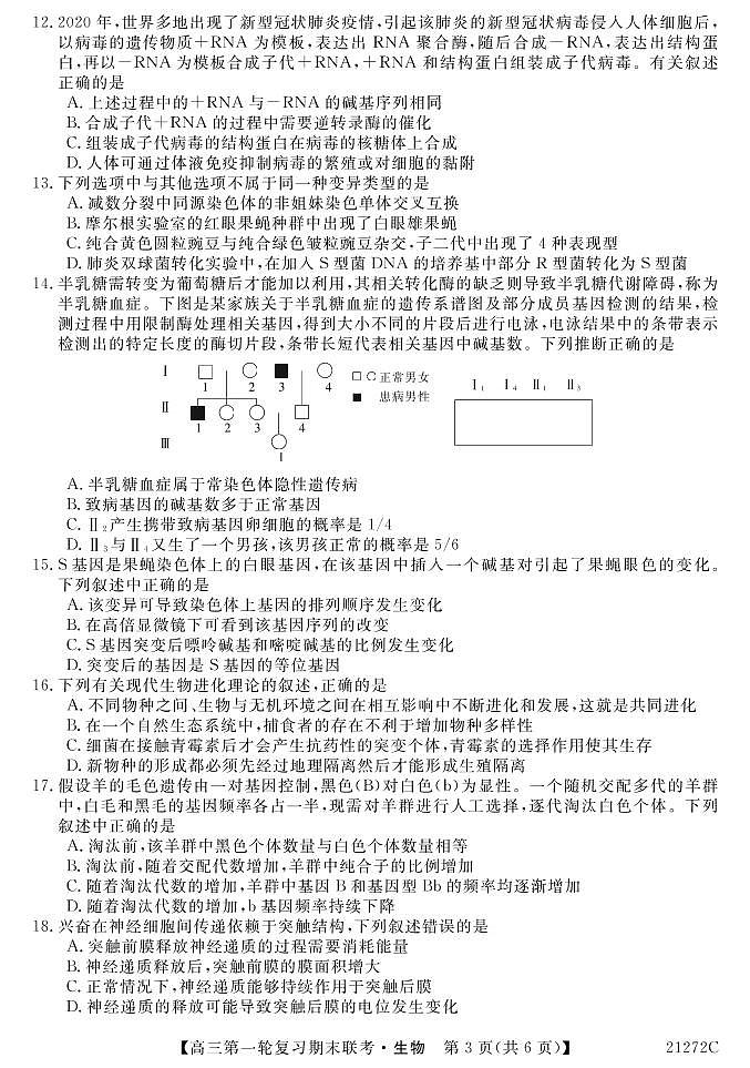 2021届青海省西宁市大通回族土族自治县高三上学期第一轮复习期末联考生物试题 PDF版03
