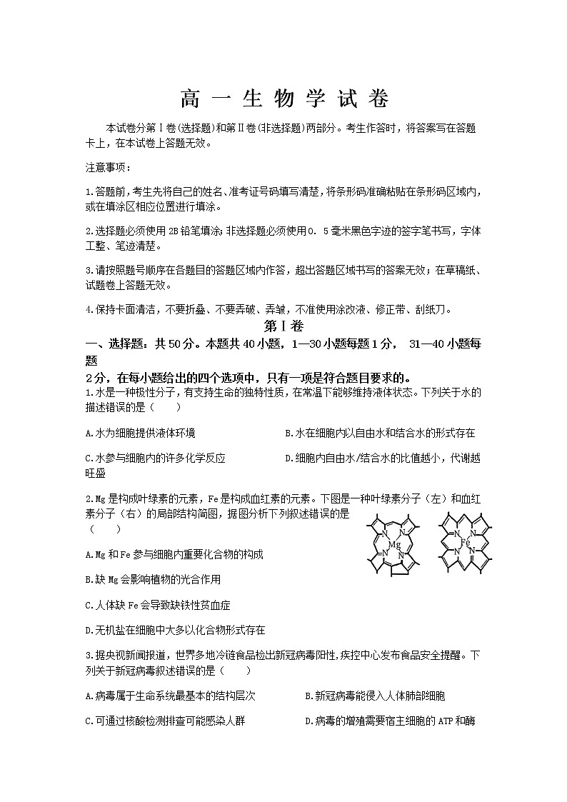 黑龙江省齐齐哈尔市2021-2022学年高一上学期期末考试生物试题含答案01