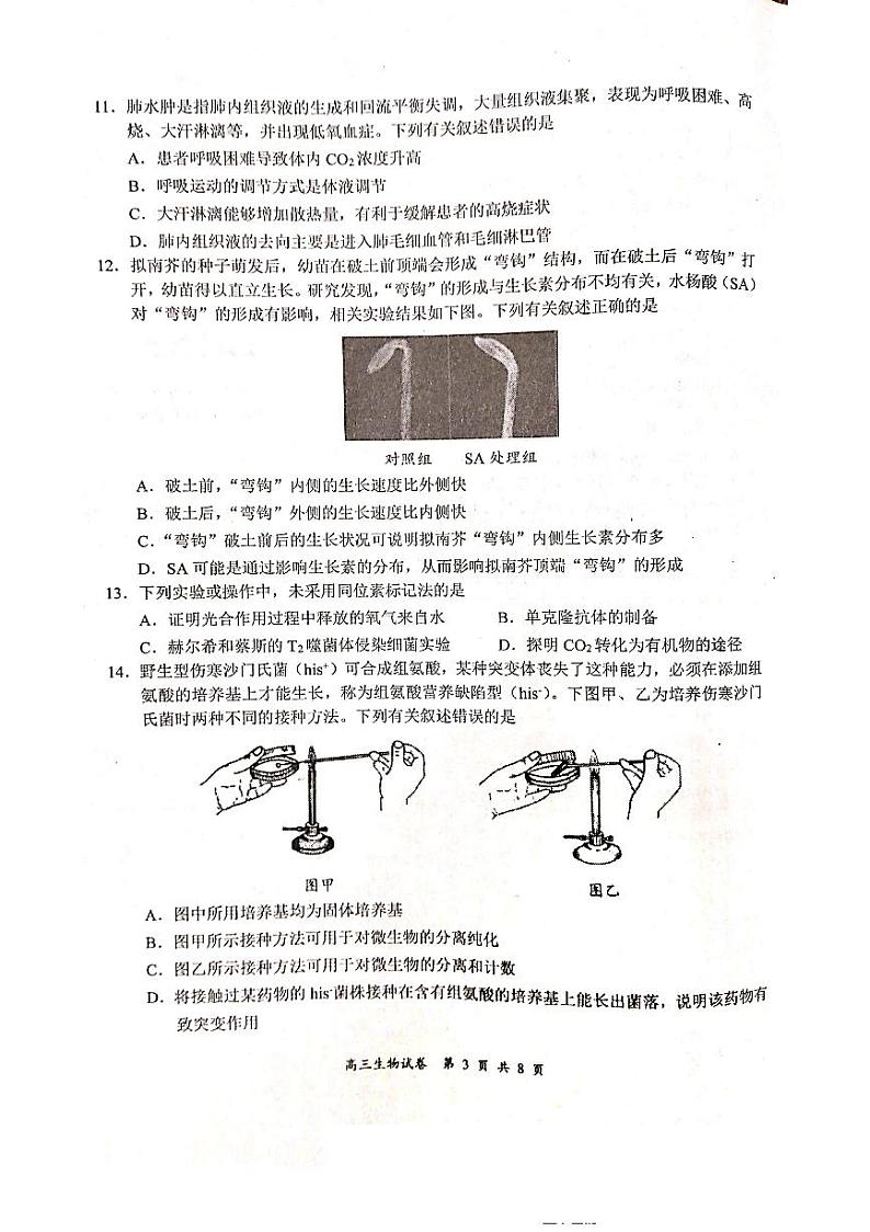 2022届江苏省盐城市、南京市高三年级第一次模拟考试生物试题（无答案）03