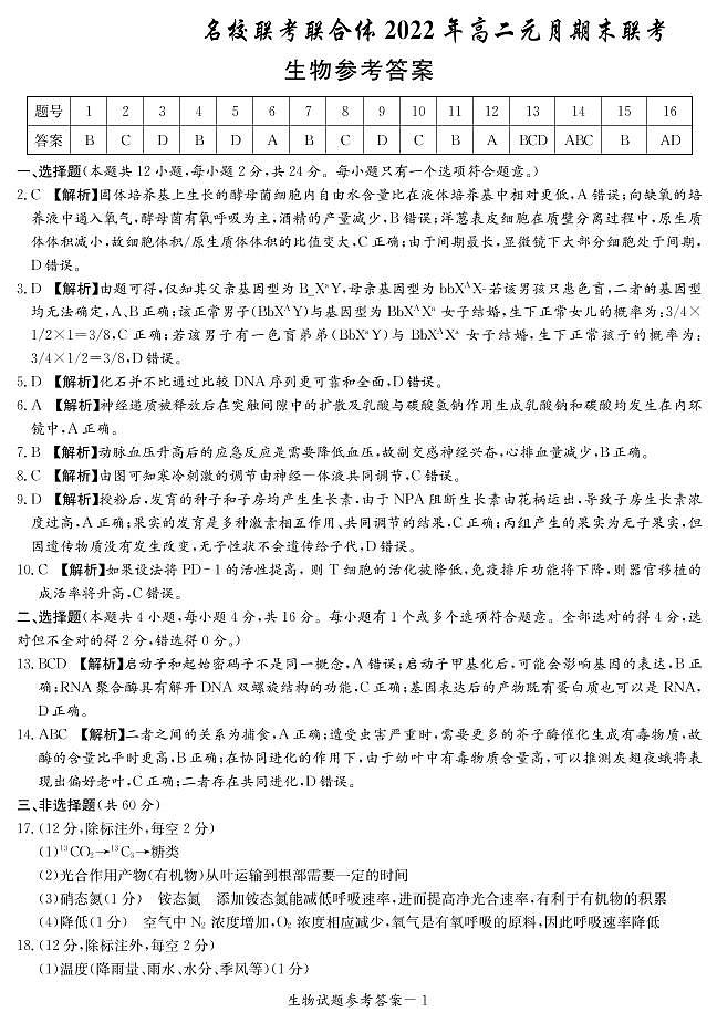 2021-2022学年湖南省名校联考联合体高二上学期元月期末考试 生物 PDF版练习题01