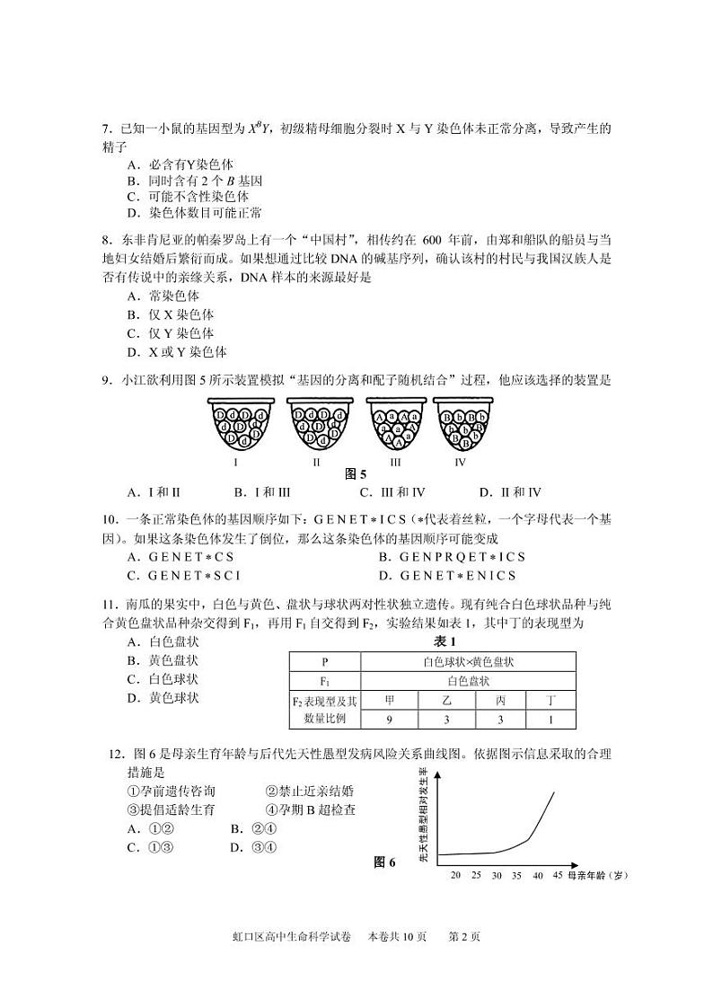 2021届上海虹口区高三上学期期终学生学习能力诊断测试生物（等级）试卷  2020.12 PDF版第2页