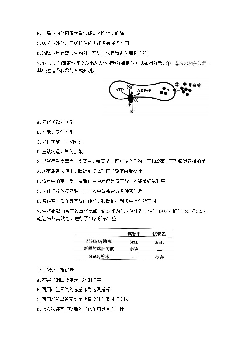 浙江省嘉兴市2021-2022学年高一上学期期末考试生物试题含答案第2页