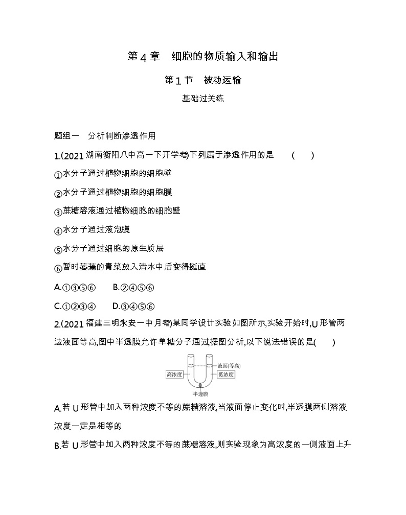 第1节　被动运输-2022版生物必修第一册人教版（2019） 同步练习 （Word含解析）01