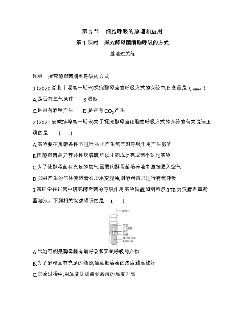 第3节　细胞呼吸的原理和应用-2022版生物必修第一册人教版（2019） 同步练习 （Word含解析）01