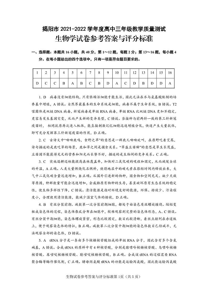 广东省揭阳市2021-2022学年高三上学期期末考试生物试题01