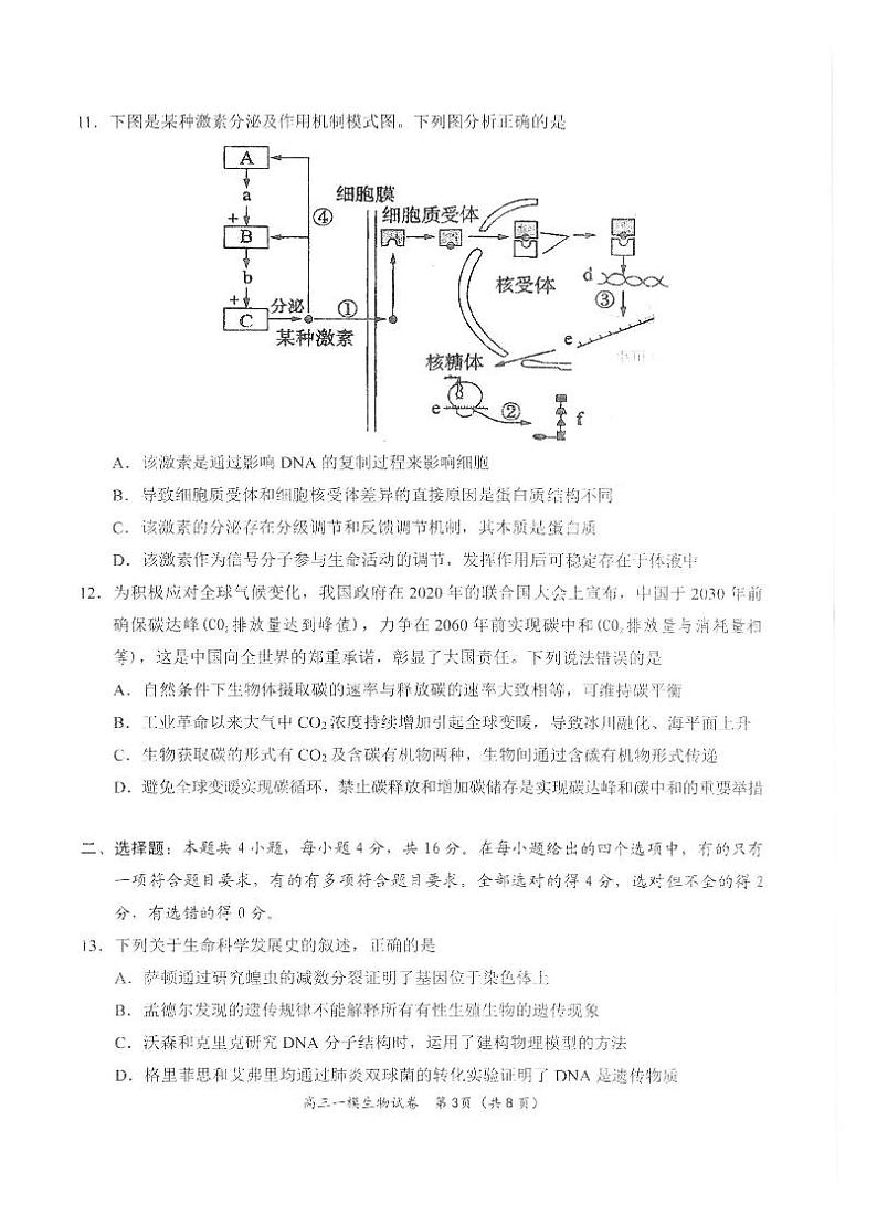 湖南省岳阳市2021-2022学年高三上学期质量监测（一模）生物试题含答案第3页