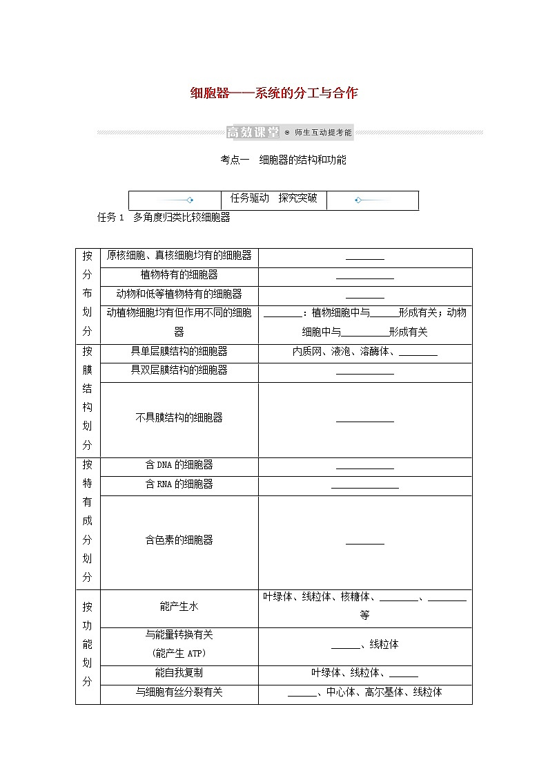 新教材高考生物一轮复习第二单元细胞的基本结构和物质运输功能2细胞器__系统的分工与合作学案必修1第1页