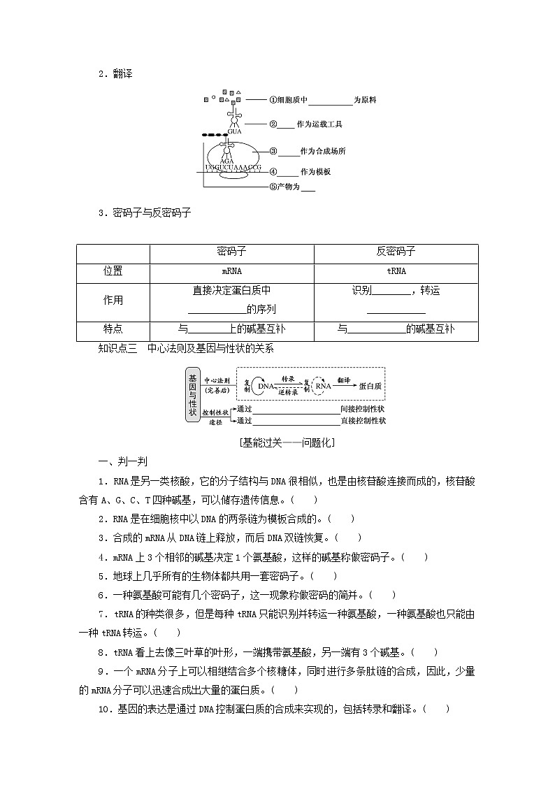 新教材高考生物一轮复习第二单元遗传的分子基础3基因控制蛋白质的合成及其与性状的关系课前学案必修202