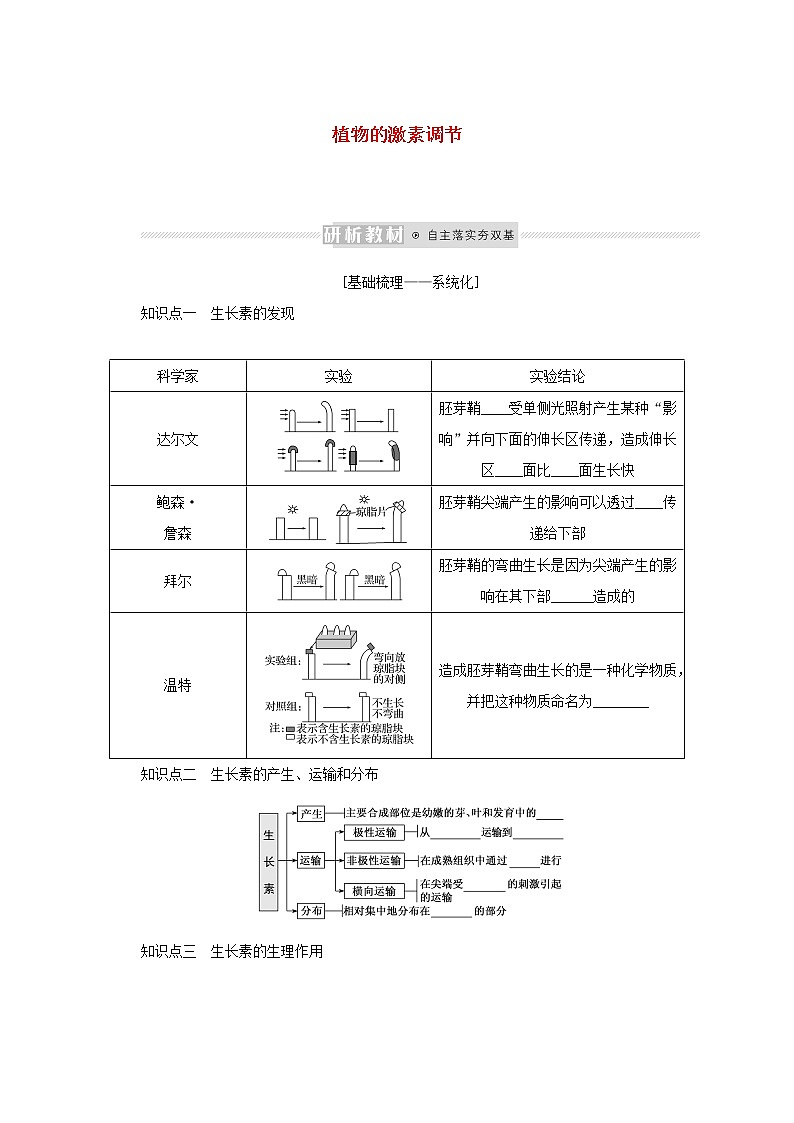新教材高考生物一轮复习第二单元植物的激素调节课前学案选择性必修101