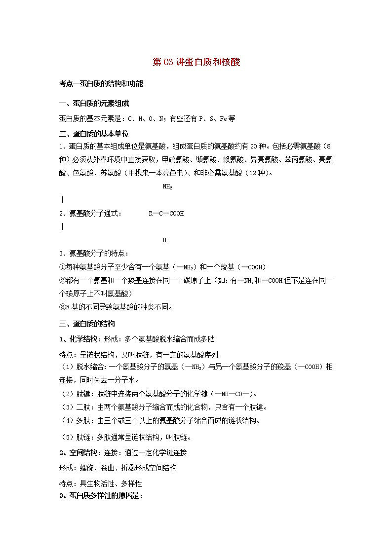 新教材高考生物一轮复习第一单元细胞的概述及分子组成第03讲蛋白质和核酸教案第1页