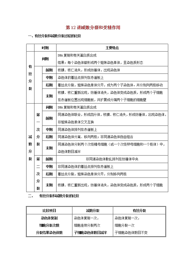 新教材高考生物一轮复习第四单元细胞的生命历程第12讲减数分裂和受精作用第2课时教案01
