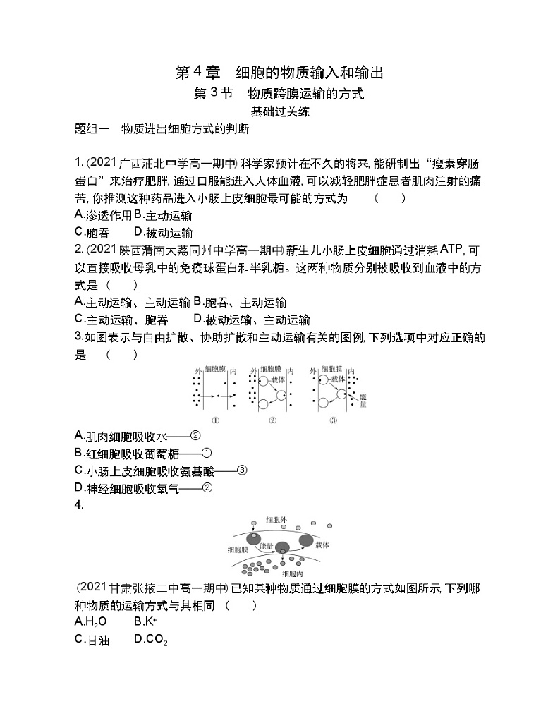 第3节物质跨膜运输的方式-2022版生物必修1 人教版（新课标） 同步练习 （Word含解析）第1页