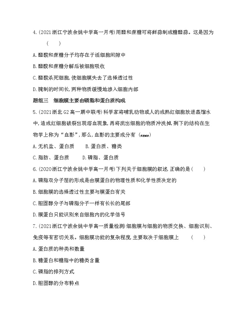 第二节　细胞膜控制细胞与周围环境的联系-2022版生物必修第一册 浙科版（2019） 同步练习 （Word含解析）02