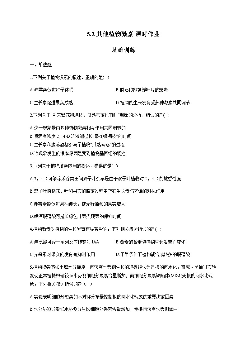 5.2其他植物激素（基础训练） 同步练习【新教材】人教版（2019）高中生物选择性必修一01