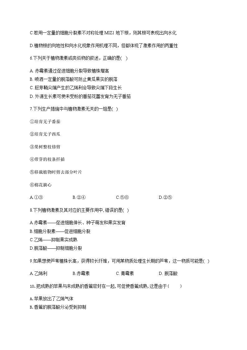 5.2其他植物激素（基础训练） 同步练习【新教材】人教版（2019）高中生物选择性必修一02