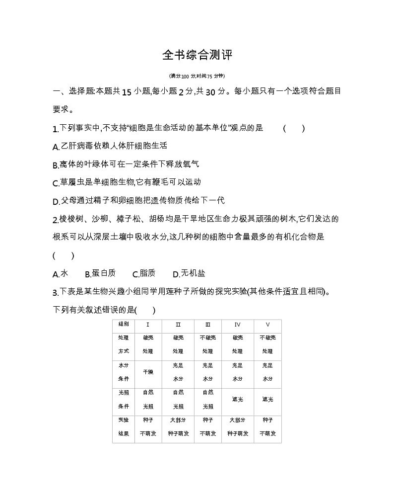 全书综合测评-2022版生物必修第一册人教版（2019） 同步练习 第1页