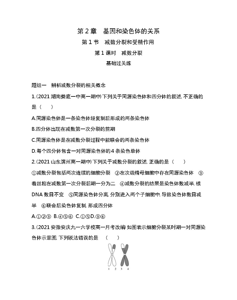 第1节　减数分裂和受精作用-2022版生物必修第二册人教版（2019） 同步练习 （Word含解析）第1页