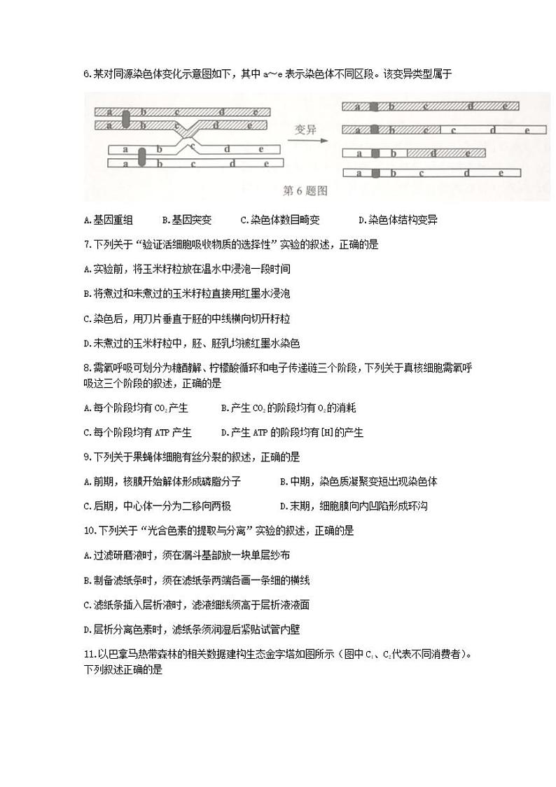 浙江省温州市2022届高三上学期11月高考适应性测试（一模）生物试题无答案02