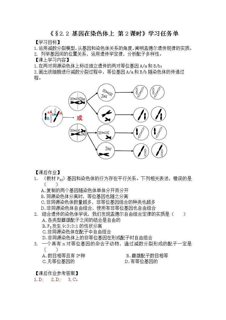 高一生物学(人教版2019)必修二 基因在染色体上（2)课件+教案+导学案+学习任务单+同步练习含答案01