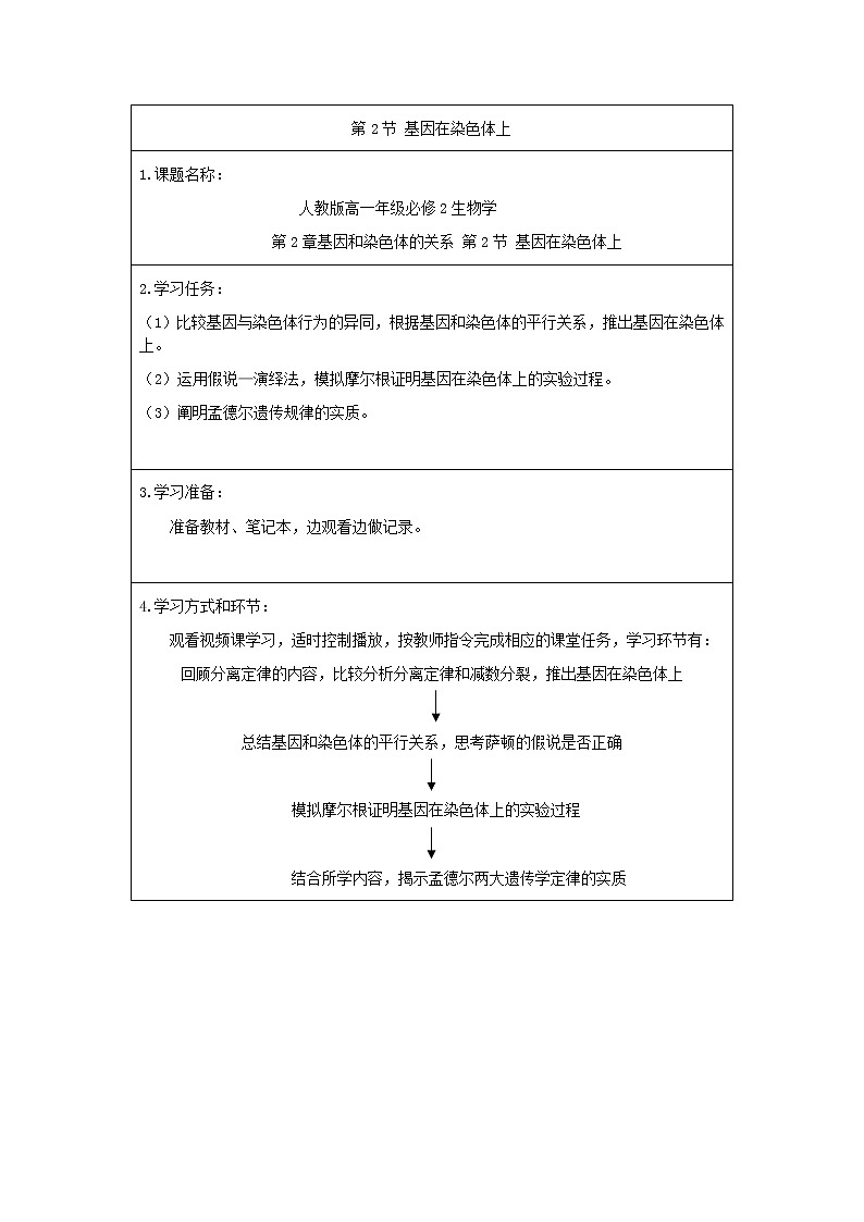 高一生物学(人教版2019)必修二 基因在染色体上（1)课件+教案+导学案+学习任务单+同步练习含答案01