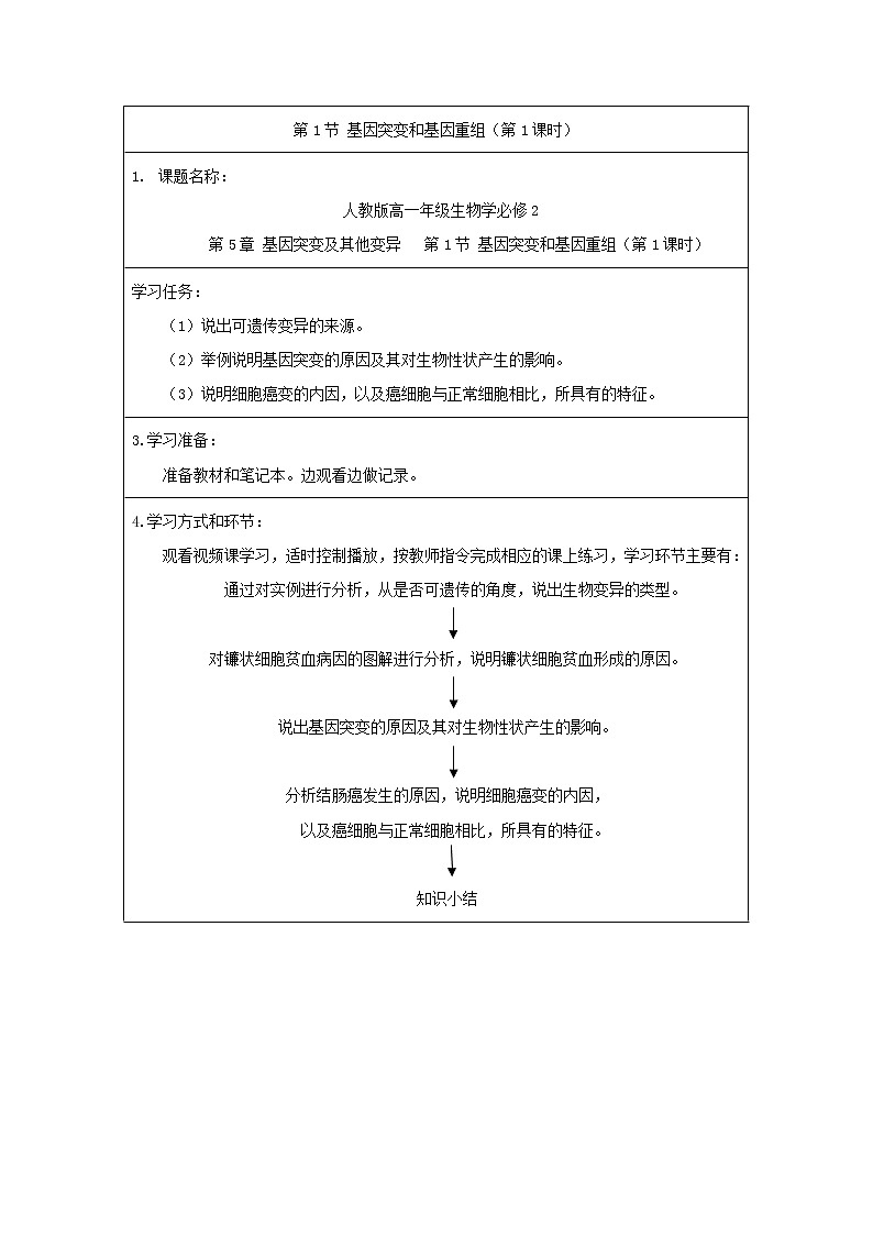 高一生物学(人教版2019)必修二  基因突变和基因重组 课件+教案+导学案+学习任务单+同步练习含答案01