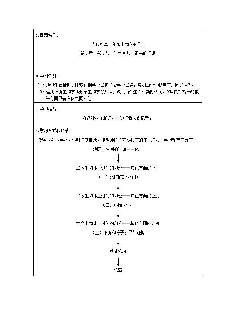 高一生物学(人教版2019)必修二 生物有共同祖先的证据  课件+教案+导学案+学习任务单+同步练习含答案01