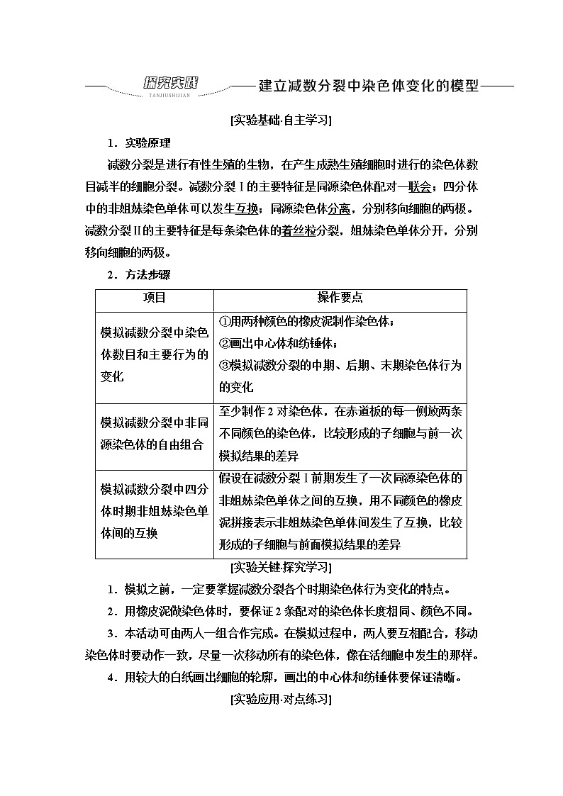 2021-2022学年高中生物新人教版必修第二册 第2章 第1节 第2课时 探究实践 建立减数分裂中染色体变化的模型 学案第1页