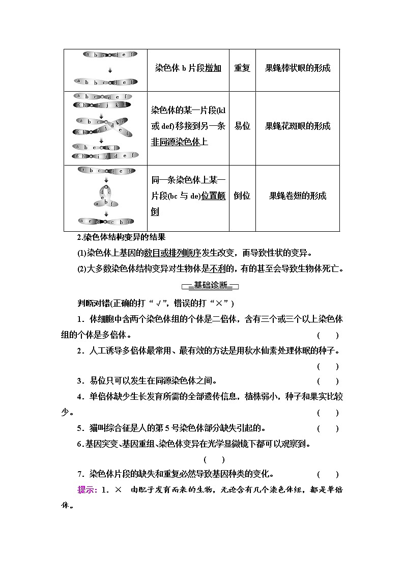 2021-2022学年高中生物新人教版必修第二册 第5章 第2节 染色体变异 学案第3页
