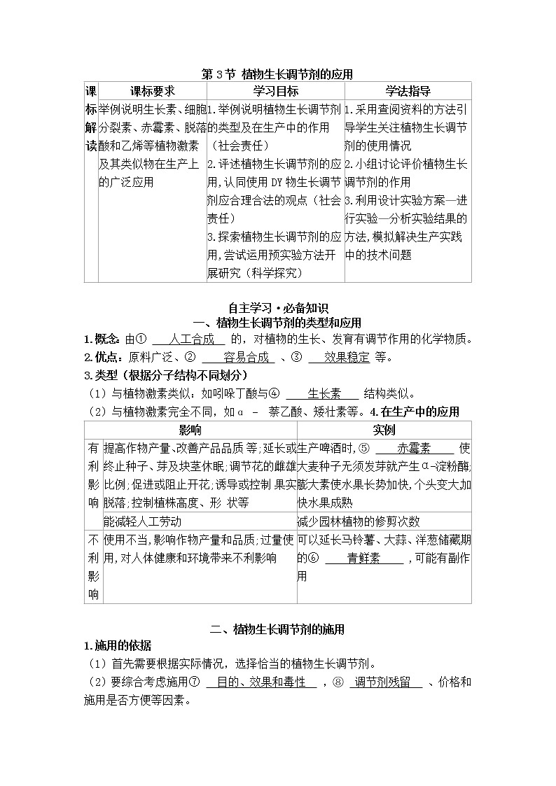 2021-2022学年新人教版生物选择性必修1 第5章 第3节 植物生长调节剂的应用 学案第1页