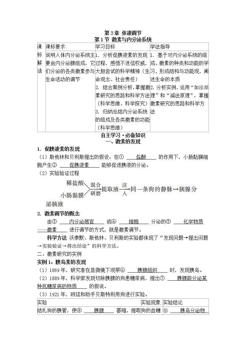 2021-2022学年新人教版生物选择性必修1 第3章 第1节 激素与内分泌系统 学案01