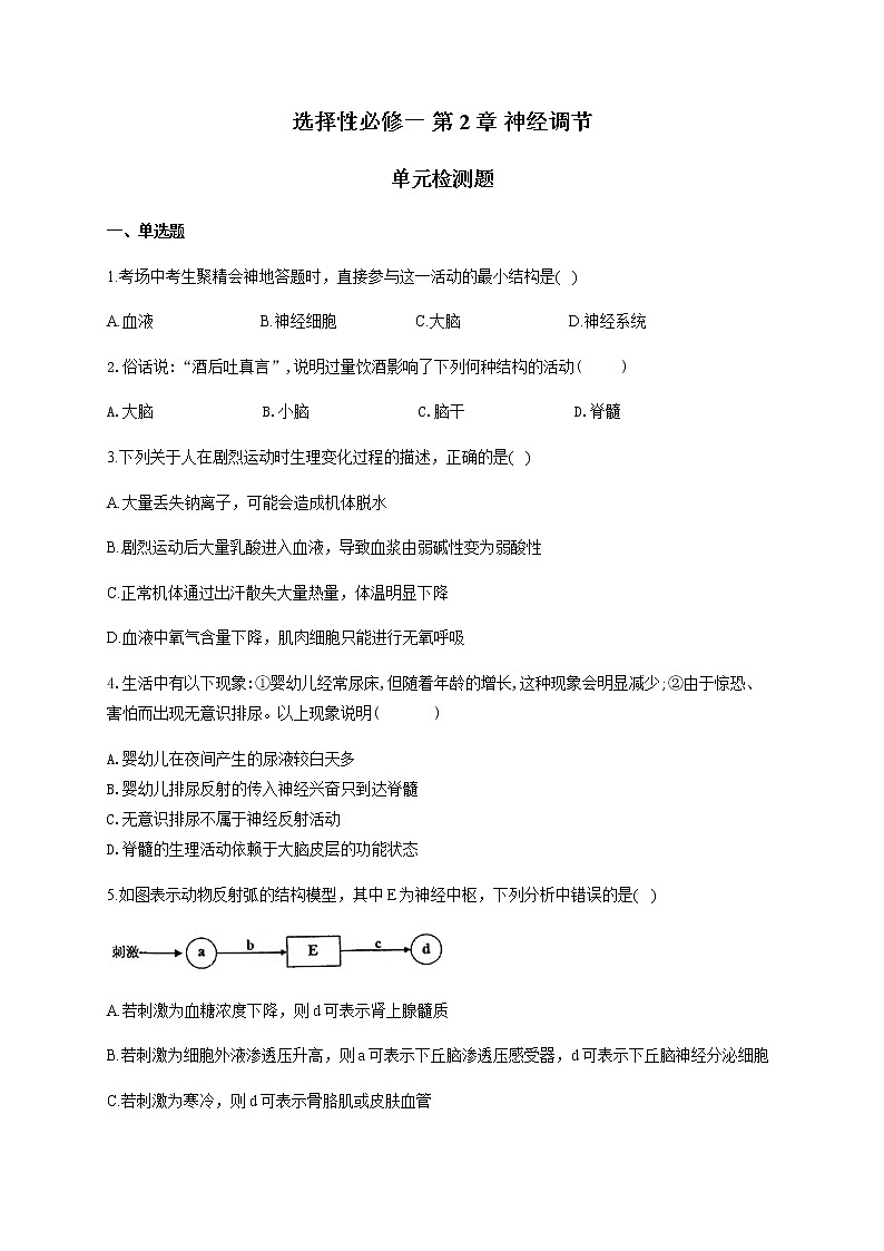第2章 神经调节 单元检测题 【新教材】人教版（2019）高中生物选择性必修一第1页