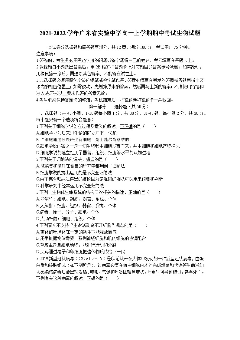 2021-2022学年广东省实验中学高一上学期期中考试生物试题含答案01