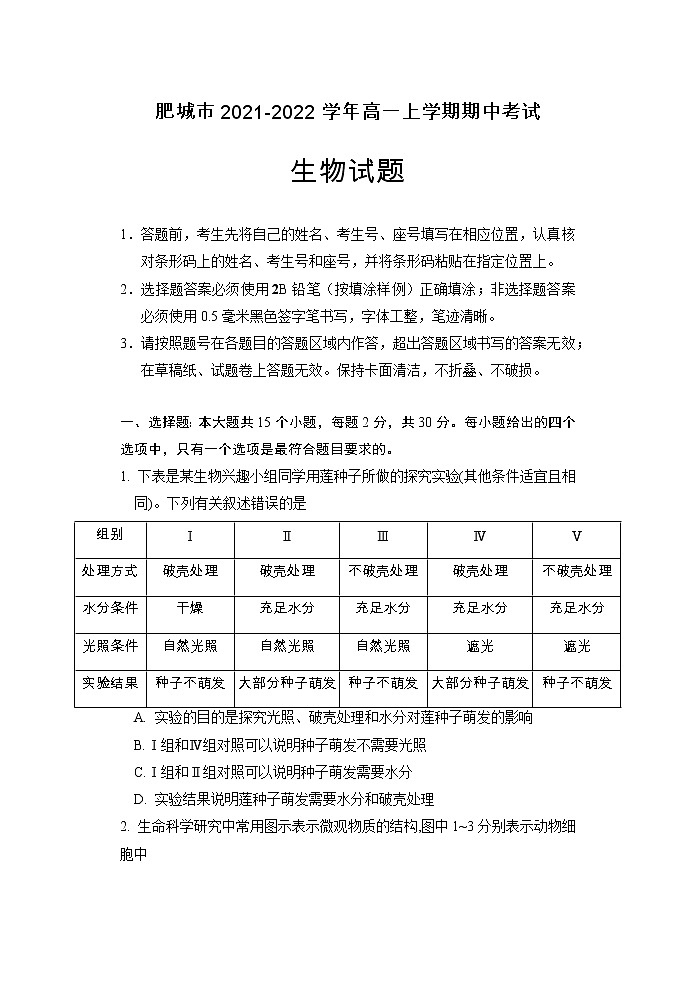 2021-2022学年山东省泰安肥城市高一上学期期中考试生物试题含答案01
