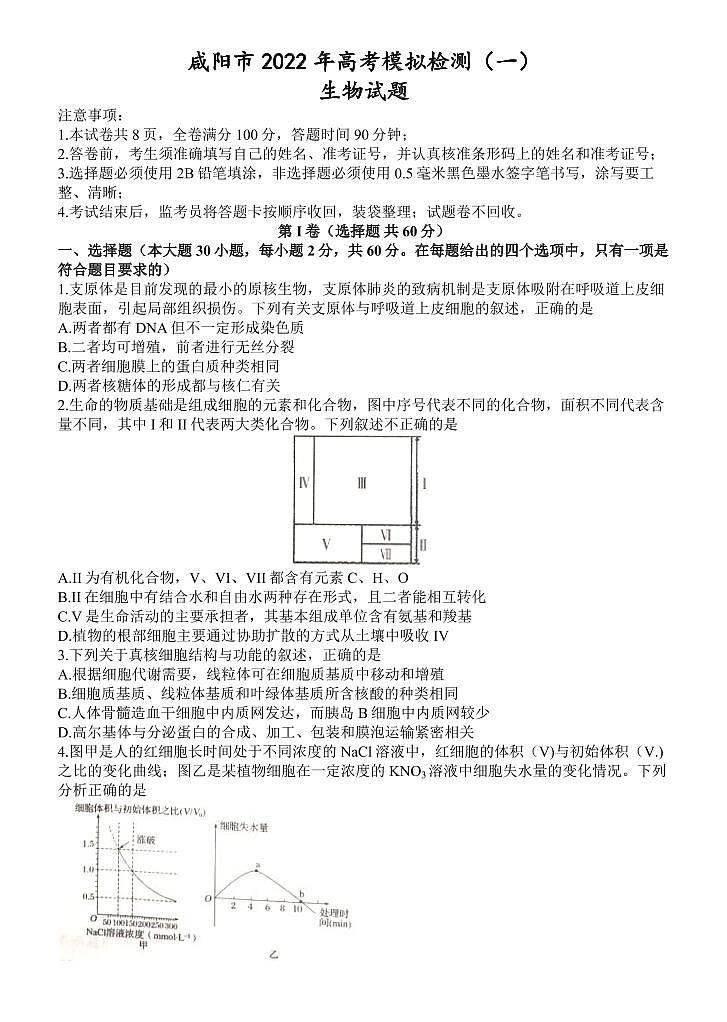 陕西省咸阳市2022届高三下学期第一次模拟生物试题 word第1页