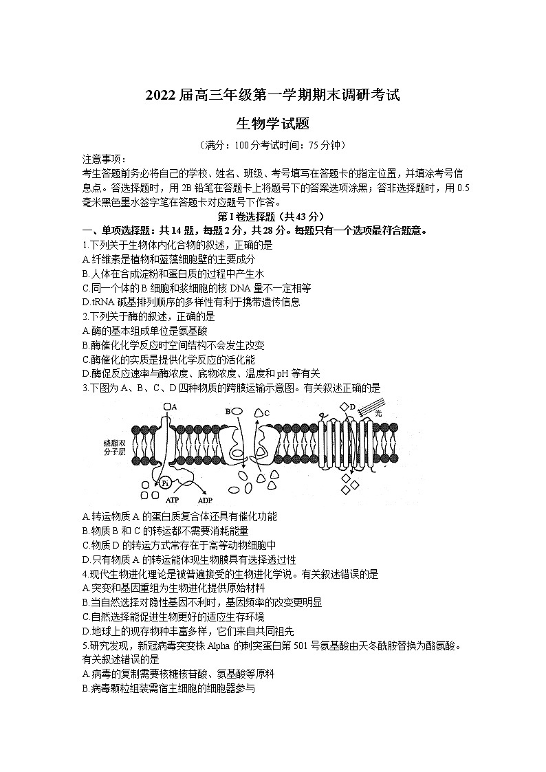 江苏省苏北四市（徐州）2021-2022学年高三上学期期末调研考试（一模）生物试题含答案第1页