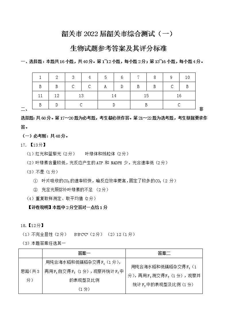 广东省韶关市2021-2022学年高三上学期综合测试（一模）生物PDF版含答案01